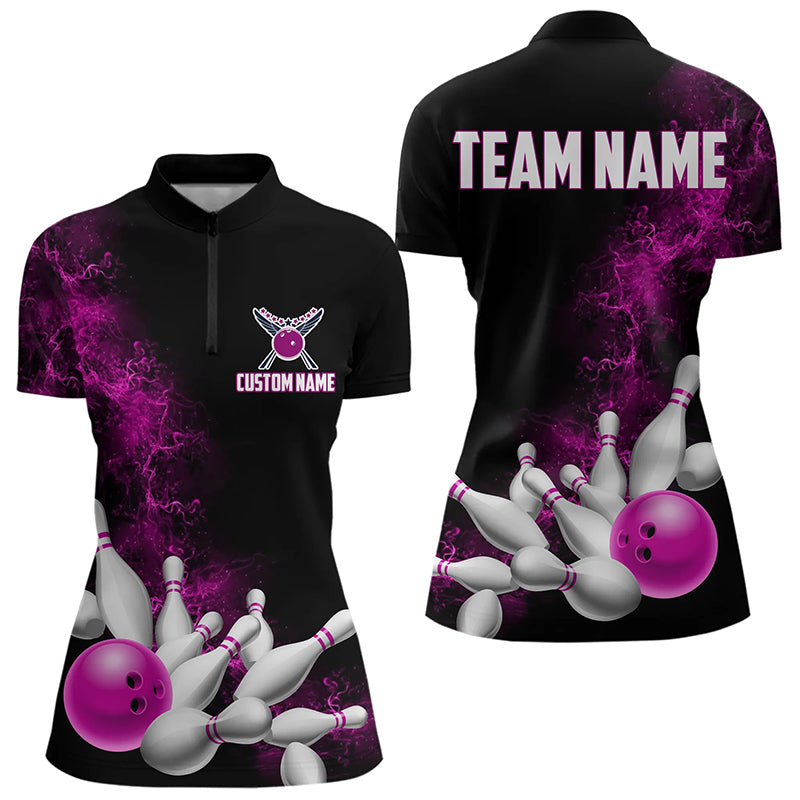 Custom Pink Strike Bowling Women Quarter-Zip Shirts Team Jerseys Bowling League Shirts IPHW8880