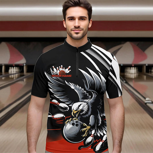 Custom Black And Orange Eagle Bowling Jerseys, Bowling Team Men Quarter-Zip Shirts Bowlers Outfits IPHW8888