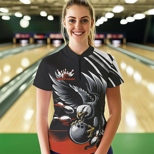 Custom Black And Orange Eagle Bowling Jerseys, Bowling Team Women Quarter-Zip Shirts IPHW8888