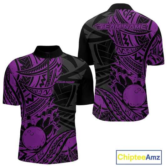 Purple and black bowling jersey with maori tribal patterns on a white background