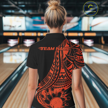 Custom Black And Orange Maori Style Koru Spiral Tribal Women Bowling Polo Team Shirt IPHW10964