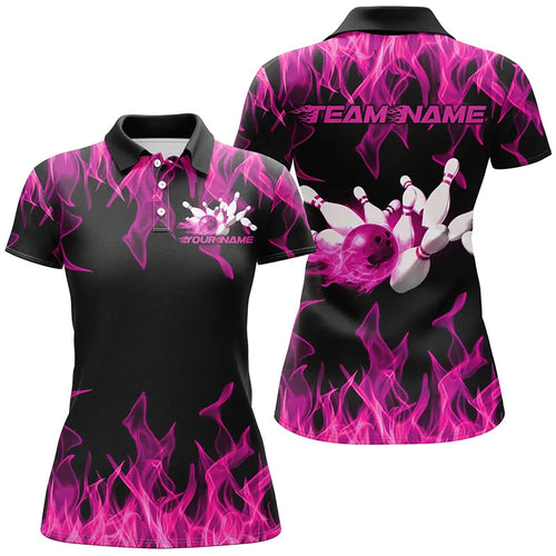 Black And Pink Vibrant Flame Custom Men's Bowling Team Uniform, Bowling Tournament Shirts IPHW7717