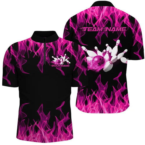 Black And Pink Vibrant Flame Custom Men's Bowling Team Uniform, Bowling Tournament Shirts IPHW7717