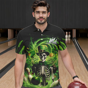 Custom Green St Patricks Day Skull Bowling Polo Shirts For Men, Shamrock Bowling Shirt IPHW8376