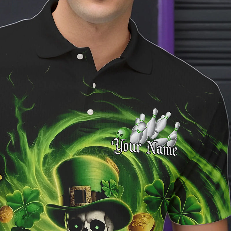 Custom Green St Patricks Day Skull Bowling Polo Shirts For Men, Shamrock Bowling Shirt IPHW8376