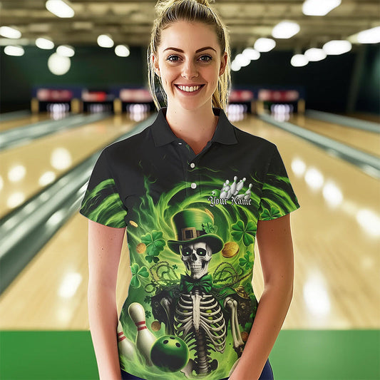 Custom Green St Patricks Day Skull Bowling Polo Shirts For Women, Shamrock Bowling Shirt IPHW8376