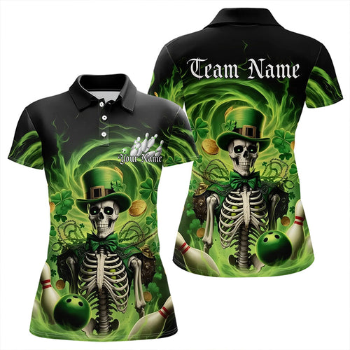 Custom Green St Patricks Day Skull Bowling Polo Shirts For Women, Shamrock Bowling Shirt IPHW8376