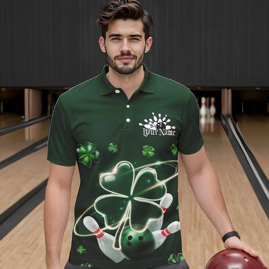 Custom Green Shamprock Saint Patricks Bowling Polo Shirts For Men, Lucky Bowling Team Shirt IPHW8572