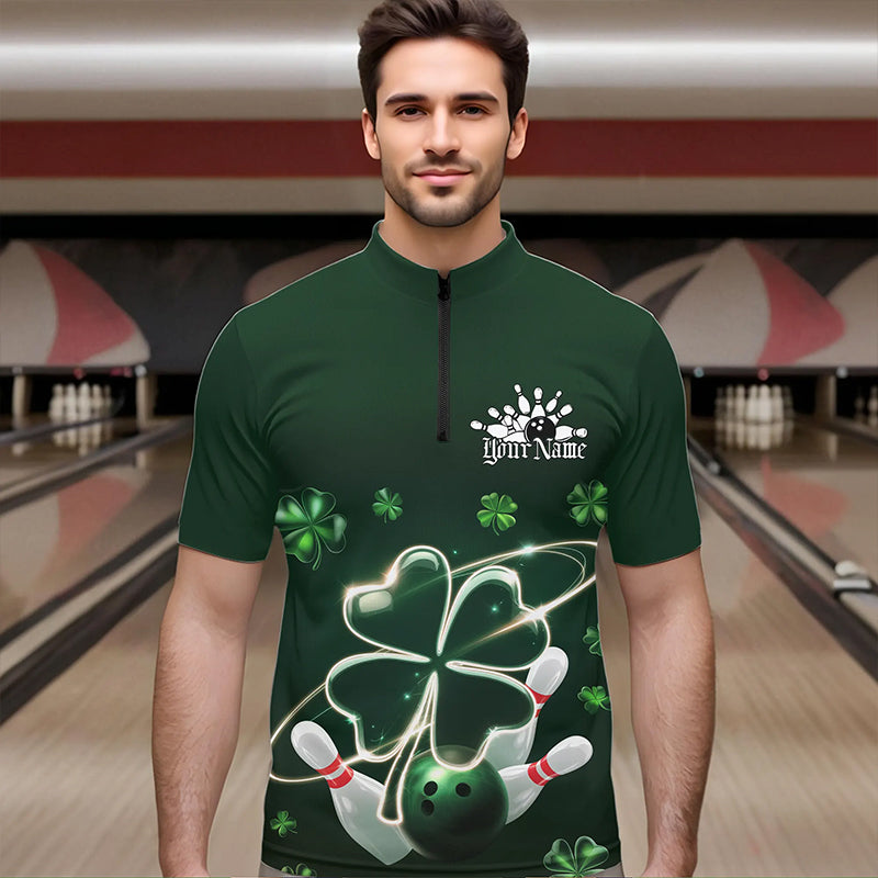 Custom Green Shamprock Saint Patricks Bowling Quarter-Zip Shirts For Men, Lucky Bowling Team Shirt IPHW8572