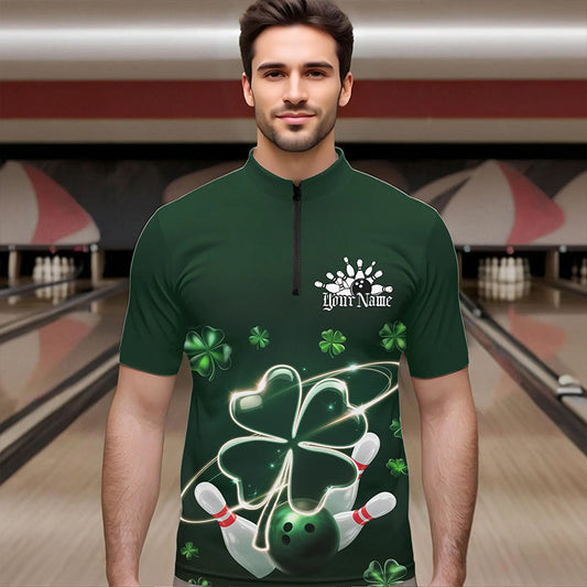 Custom Green Shamprock Saint Patricks Bowling Quarter-Zip Shirts For Men, Lucky Bowling Team Shirt IPHW8572