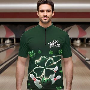 Custom Green Shamprock Saint Patricks Bowling Quarter-Zip Shirts For Men, Lucky Bowling Team Shirt IPHW8572