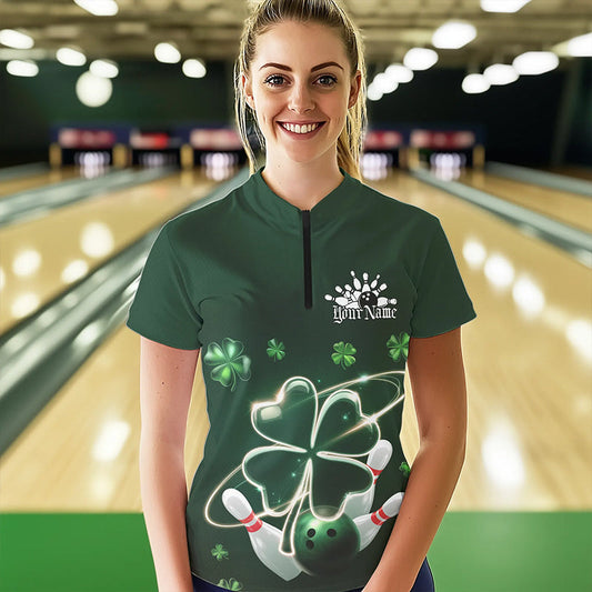 Custom Green Shamprock Saint Patricks Bowling Womens Quarter-Zip Shirt, Lucky Bowling Shirt IPHW8572