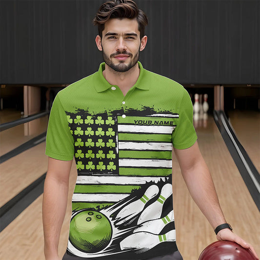 Custom Saint Patricks Bowling Polo Shirts For Men, Shamrock Flag US Bowling Team Shirt IPHW8576