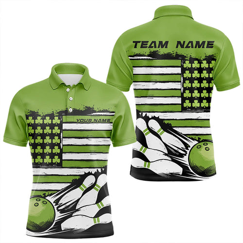 Custom Saint Patricks Bowling Polo Shirts For Men, Shamrock Flag US Bowling Team Shirt IPHW8576