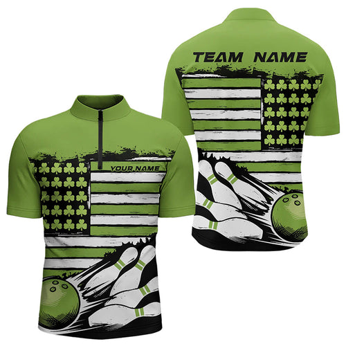 Custom Saint Patricks Bowling Quarter-Zip Shirts For Men, Shamrock Flag US Bowling Team Shirt IPHW8576