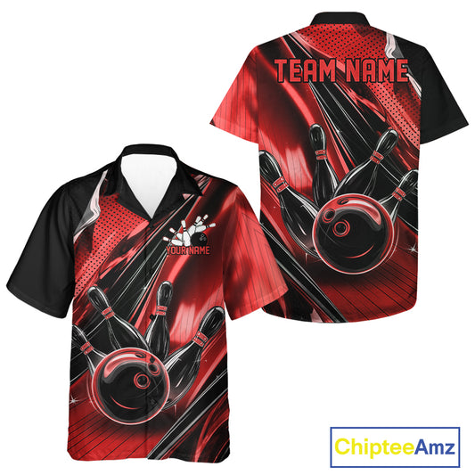 Front and back views of a black and red button-up bowling shirt featuring bowling strike artwork with bold speed streak accents.