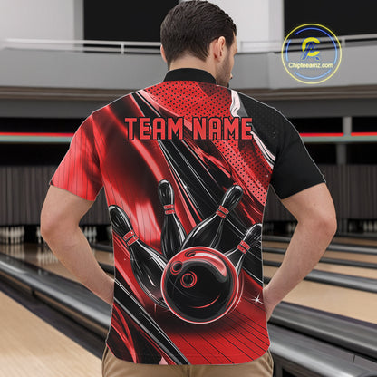 Front view of a male model in a black and red bowling quarter-zip shirt displaying energetic bowling strike motifs.