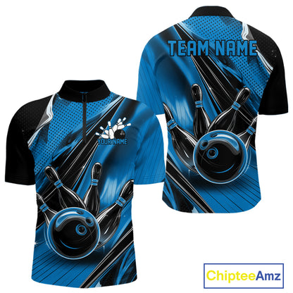 Front and back views of a black and blue mens bowling quarter-zip shirt featuring a bowling ball striking pins with speed streak effects.