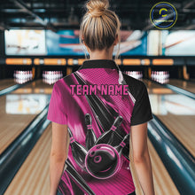 Load image into Gallery viewer, Back view of a female model in a black and pink bowling polo shirt showcasing motion streak bowling artwork.