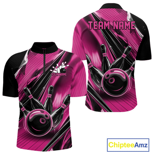 Front and back views of a black and pink mens bowling quarter-zip shirt featuring a bowling ball striking pins with dynamic speed streaks.