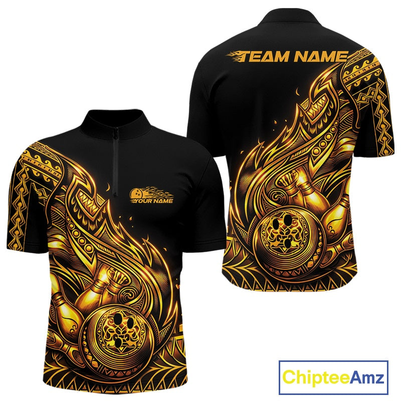 Front and back views of a black and gold mens bowling quarter-zip shirt featuring bowling pins and a ball with flowing tribal flame accents.