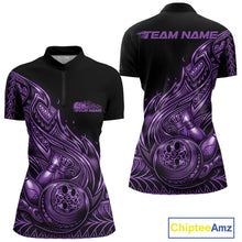 Load image into Gallery viewer, Custom Black And Purple Tribal Flame Bowling Women Shirts, Polynesian Bowler Outfit IPHW10974