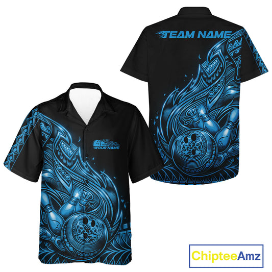 Front and back views of a black and blue button-up bowling shirt displaying bowling graphics enhanced by flowing tribal flame accents and Polynesian details.