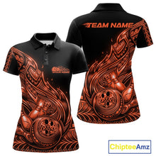 Load image into Gallery viewer, Front and back views of a black and orange womens bowling polo shirt featuring bowling ball and pin artwork with flowing tribal flame accents.