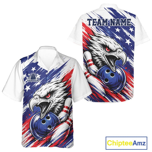 Bowling shirt with eagle design and American flag colors, featuring 'Chiptee Amz' branding.