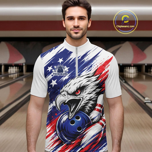 Man wearing a bowling shirt with an eagle and American flag design in a bowling alley.