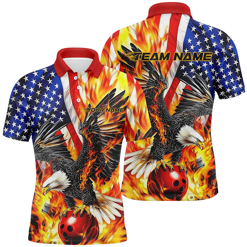 Custom Patriotic Eagle Bowling Shirts For Men, US Flag Bowling League Shirt, Flame Bowling Shirt IPHW7728