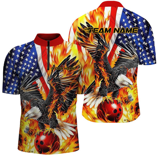 Custom Patriotic Eagle Bowling Shirts For Men, US Flag Bowling League Shirt, Flame Bowling Shirt IPHW7728