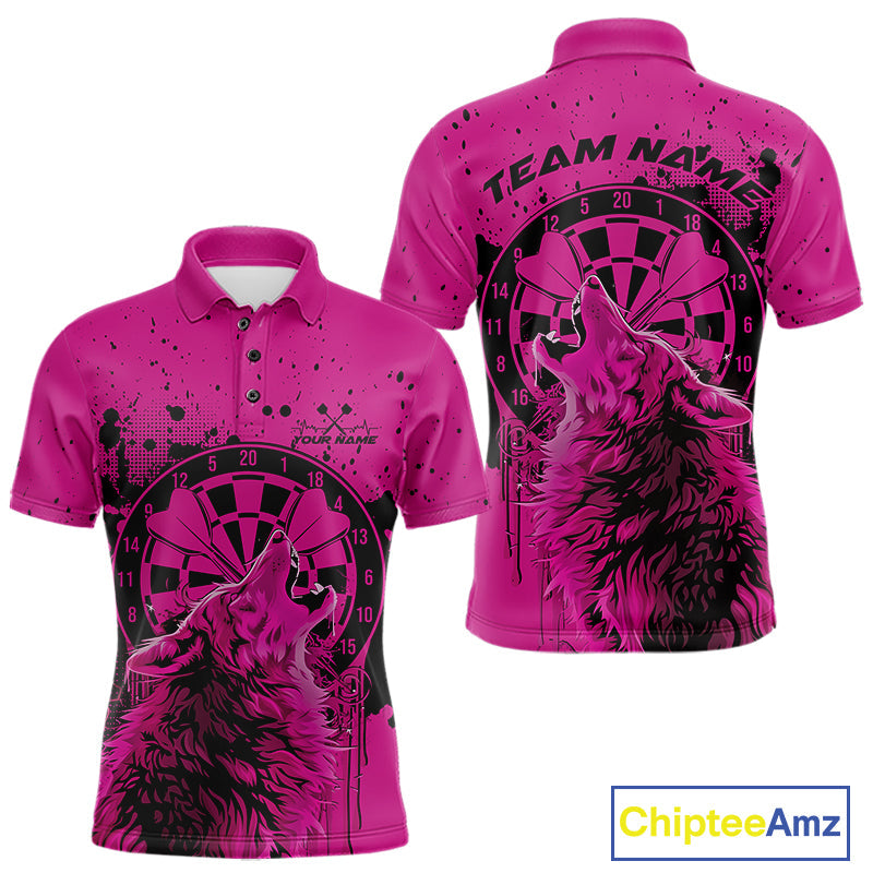 Custom Grunge Splatter Pink Wolf Dart Men Polo Shirt, Wolf Dart Team Jerseys IPHW10016