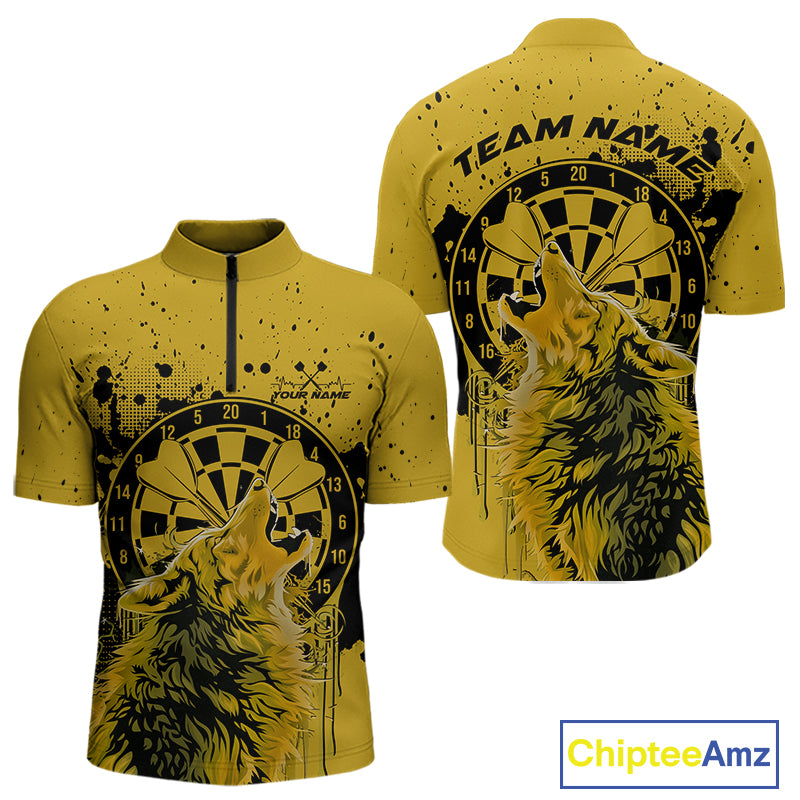 Custom Grunge Splatter Yellow Wolf Dart Men Quarter-Zip Shirt, Wolf Dart Team Jerseys IPHW10018