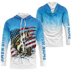 Custom Patriotic Largemouth Bass Long Sleeve Fishing Shirts, Blue American Flag Us Fishing Shirt IPHW7951