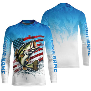 Custom Patriotic Largemouth Bass Long Sleeve Fishing Shirts, Blue American Flag Us Fishing Shirt IPHW7951