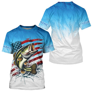 Custom Patriotic Largemouth Bass Long Sleeve Fishing Shirts, Blue American Flag Us Fishing Shirt IPHW7951