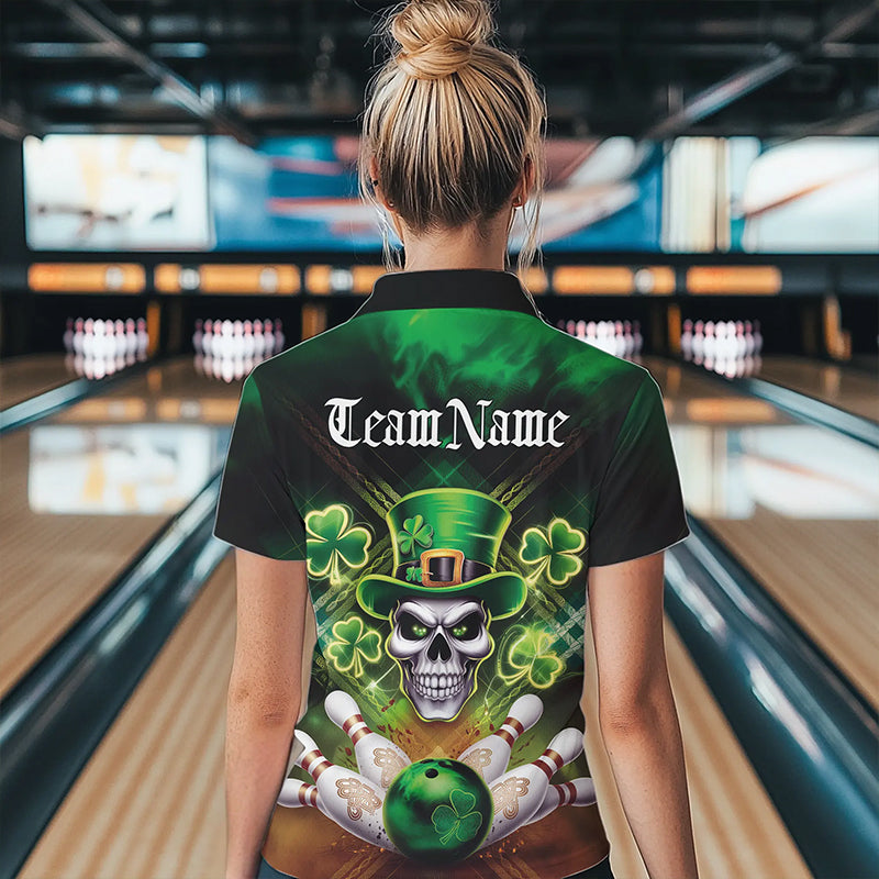Custom Saint Patricks Day Leprechaun Skull Bowling Polo Shirts, Lucky Bowling Team Shirt IPHW8582