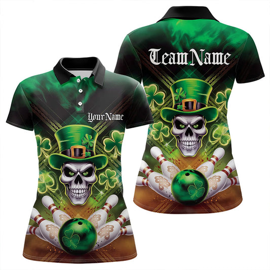Custom Saint Patricks Day Leprechaun Skull Bowling Polo Shirts, Lucky Bowling Team Shirt IPHW8582