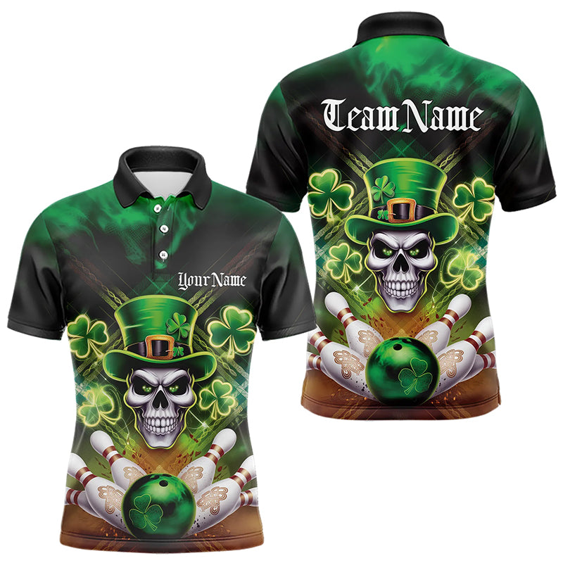 Custom Saint Patricks Day Leprechaun Skull Bowling Polo Shirts, Lucky Bowling Team Shirt IPHW8582