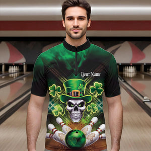 Custom Saint Patricks Day Leprechaun Skull Bowling Quarter-Zip Shirts, Lucky Bowling Team Shirt IPHW8582