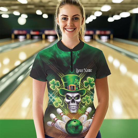 Custom Saint Patricks Day Leprechaun Skull Bowling Quarter-Zip Shirts, Lucky Bowling Shirt IPHW8582