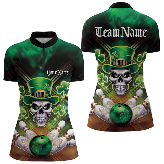Custom Saint Patricks Day Leprechaun Skull Bowling Quarter-Zip Shirts, Lucky Bowling Shirt IPHW8582