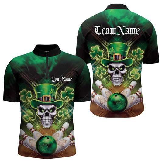 Custom Saint Patricks Day Leprechaun Skull Bowling Quarter-Zip Shirts, Lucky Bowling Team Shirt IPHW8582