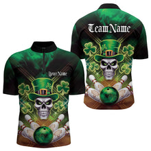 Load image into Gallery viewer, Custom Saint Patricks Day Leprechaun Skull Bowling Quarter-Zip Shirts, Lucky Bowling Team Shirt IPHW8582