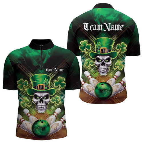 Custom Saint Patricks Day Leprechaun Skull Bowling Quarter-Zip Shirts, Lucky Bowling Team Shirt IPHW8582
