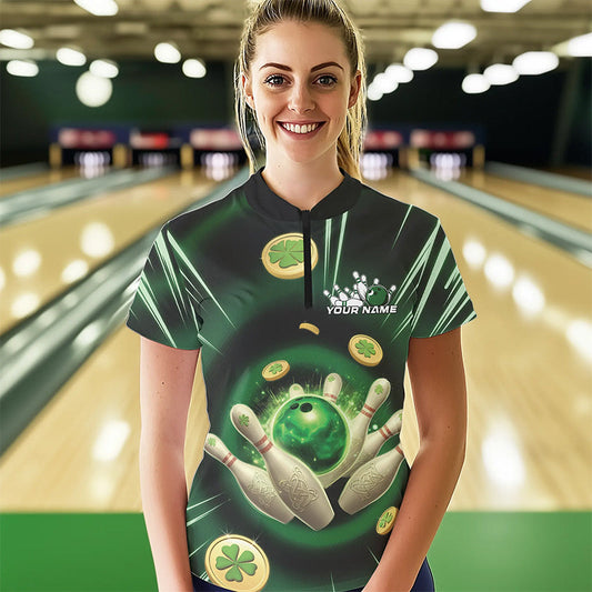 Custom Lucky Strike St Patricks Bowling Womens Quarter-Zip Team Shirts, Green Bowling Shirt IPHW8583