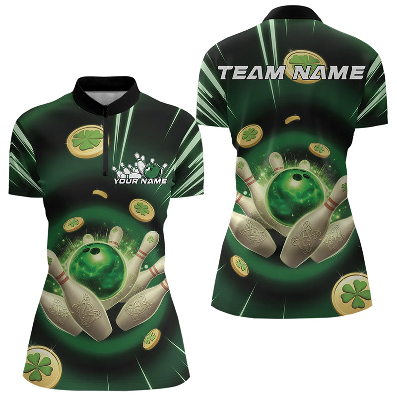 Custom Lucky Strike St Patricks Bowling Womens Quarter-Zip Team Shirts, Green Bowling Shirt IPHW8583