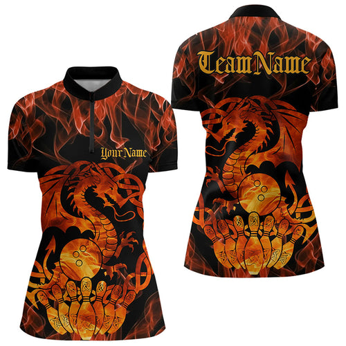 Custom Fire Flame Viking Dragon Bowling Womens Quarter-Zip Team Shirt, Celtic Bowling Shirt IPHW8587