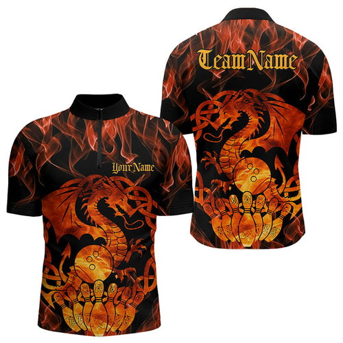 Custom Fire Flame Viking Dragon Bowling Quarter-Zip Team Shirts For Men, Celtic Bowling Shirts IPHW8587